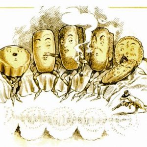 Cartoon of several bread items, pies, and cakes. One smokes a cigarette. A mouse with a gun approaches.