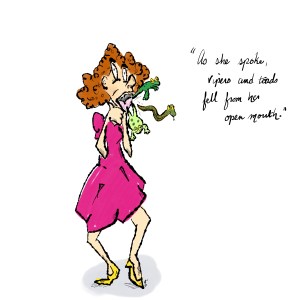 Illustration of woman spitting frogs and snakes from her mouth to illustrate fairy tale