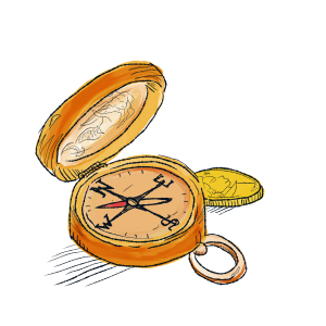 Illustration of sailor’s compass next to a gold coin