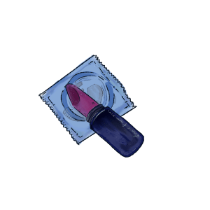 Illustration of a lipstick tube and a wrapped condom