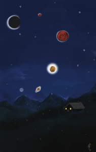 Artists image of planets in night sky